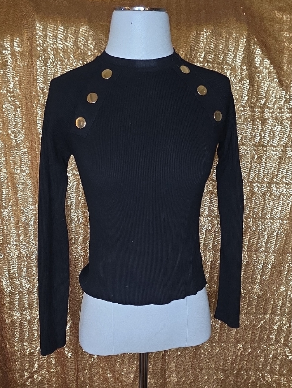 Zara Black Ribbed Long Sleeve Top with Gold Shoulder Buttons